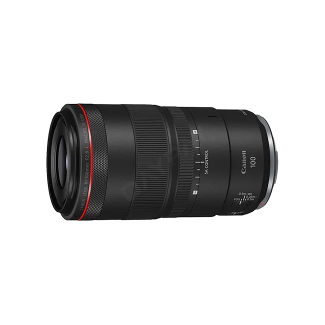 Canon RF100mm F2.8 L Macro IS USM 鏡頭側身全貌，包含對焦環與 SA 控制環細節，提供高品質微距器材出租服務 - 日付租賃 DAYPAY RENTAL
