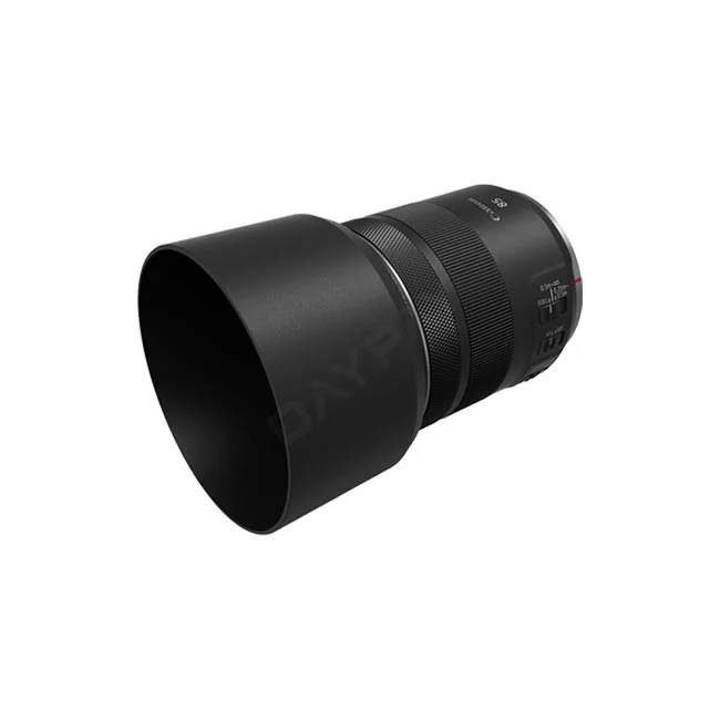 Canon RF85mm F2 Macro IS STM 鏡頭安裝遮光罩之側邊外觀，提供專業器材出租與相機租賃服務 - 日付租賃 DAYPAY RENTAL