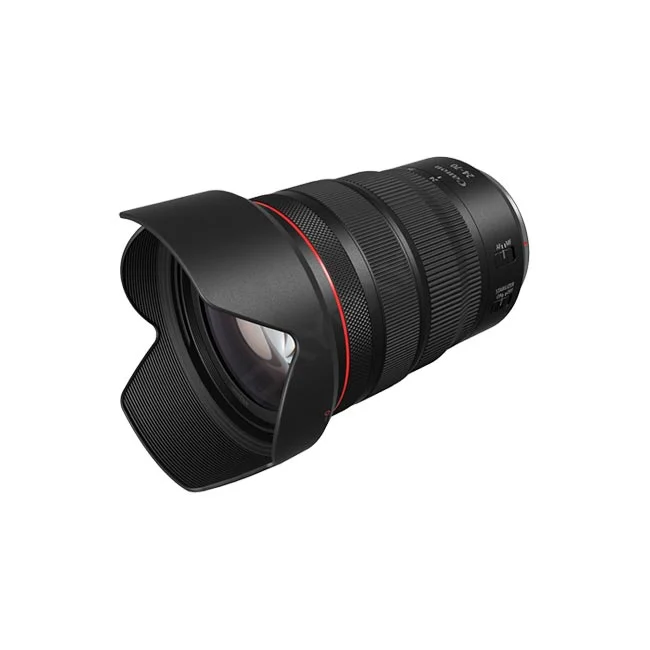 Canon RF24-70mm F2.8L IS USM 鏡頭裝上遮光罩側視圖，提供專業相機出租與器材出租服務，歡迎向日付租賃 DAYPAY RENTAL 洽詢相機租賃。