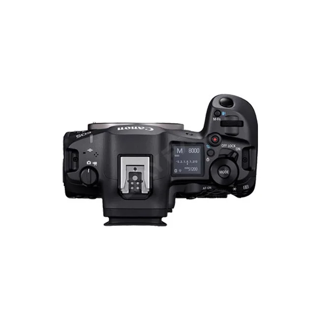 Canon EOS R5 Mark II 相機出租機身頂部俯視圖，展示熱靴座、狀態顯示螢幕與控制轉盤設計，提供高品質器材出租與相機租賃服務。