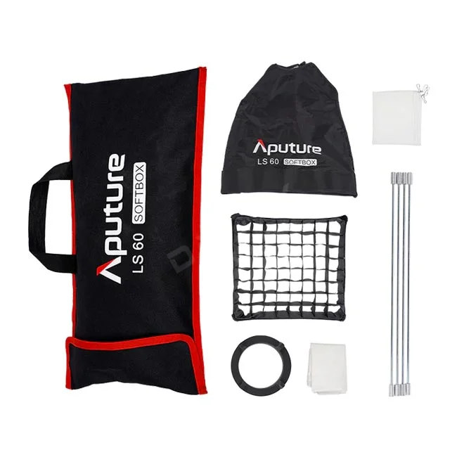 Aputure LS 60 Softbox 隨附配件與收納袋內容物展示