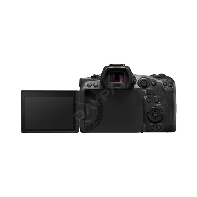 Canon EOS R5 C 相機出租背面視角，顯示翻轉螢幕展開及按鈕配置，由日付租賃 DAYPAY RENTAL 提供專業器材出租與相機租賃服務。