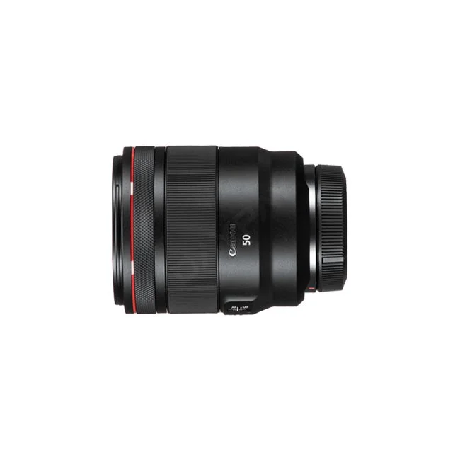Canon RF50mm F1.2L USM 鏡頭側身側面特寫，展示鏡身外觀與轉環細節，提供高品質器材出租與相機租賃服務於日付租賃 DAYPAY RENTAL。