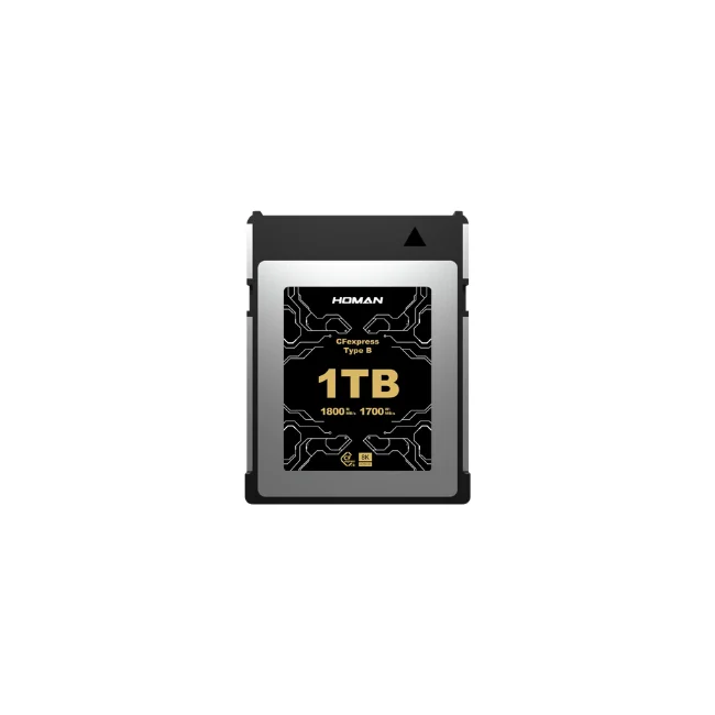 Homan CFexpress Card Type B - 1TB 記憶卡正面，黑色卡身搭配金色 1TB 容量標示，置於透明保護盒中